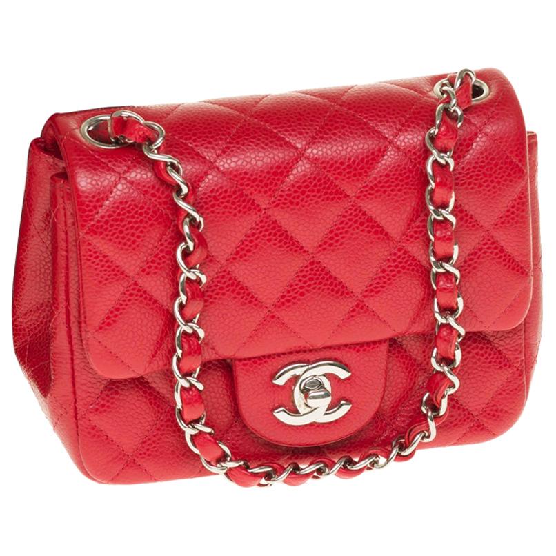 Chanel Mini square handbag in red caviar quilted leather, Silver hardware  at 1stDibs