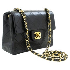 Vintage CHANEL Mini Square Small Chain Shoulder Crossbody Bag Black Lamb