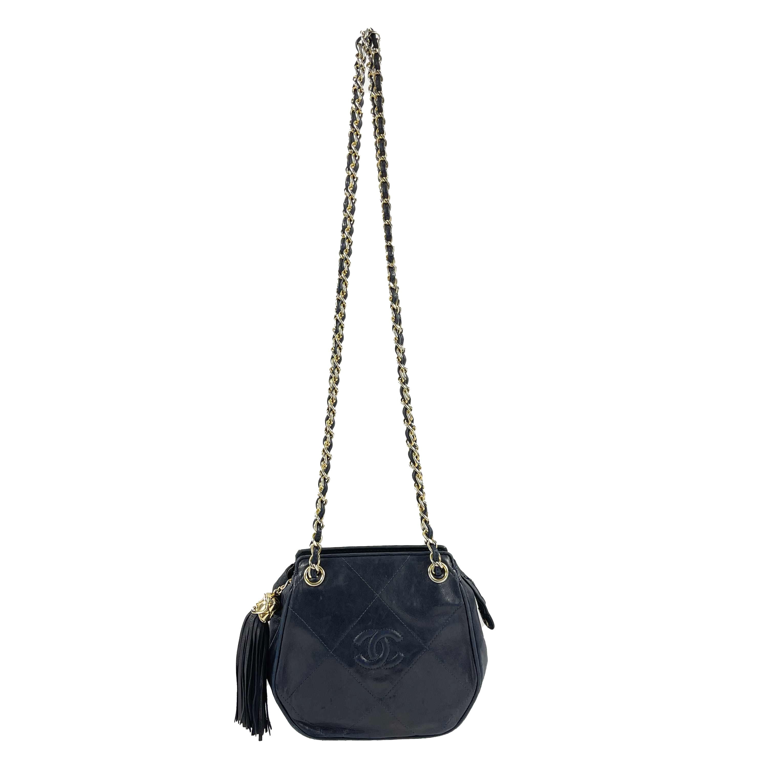 CHANEL- Mini Tassel Crossbody Bag - Navy Blue CC Tassel Diamond Quilted Leather 6