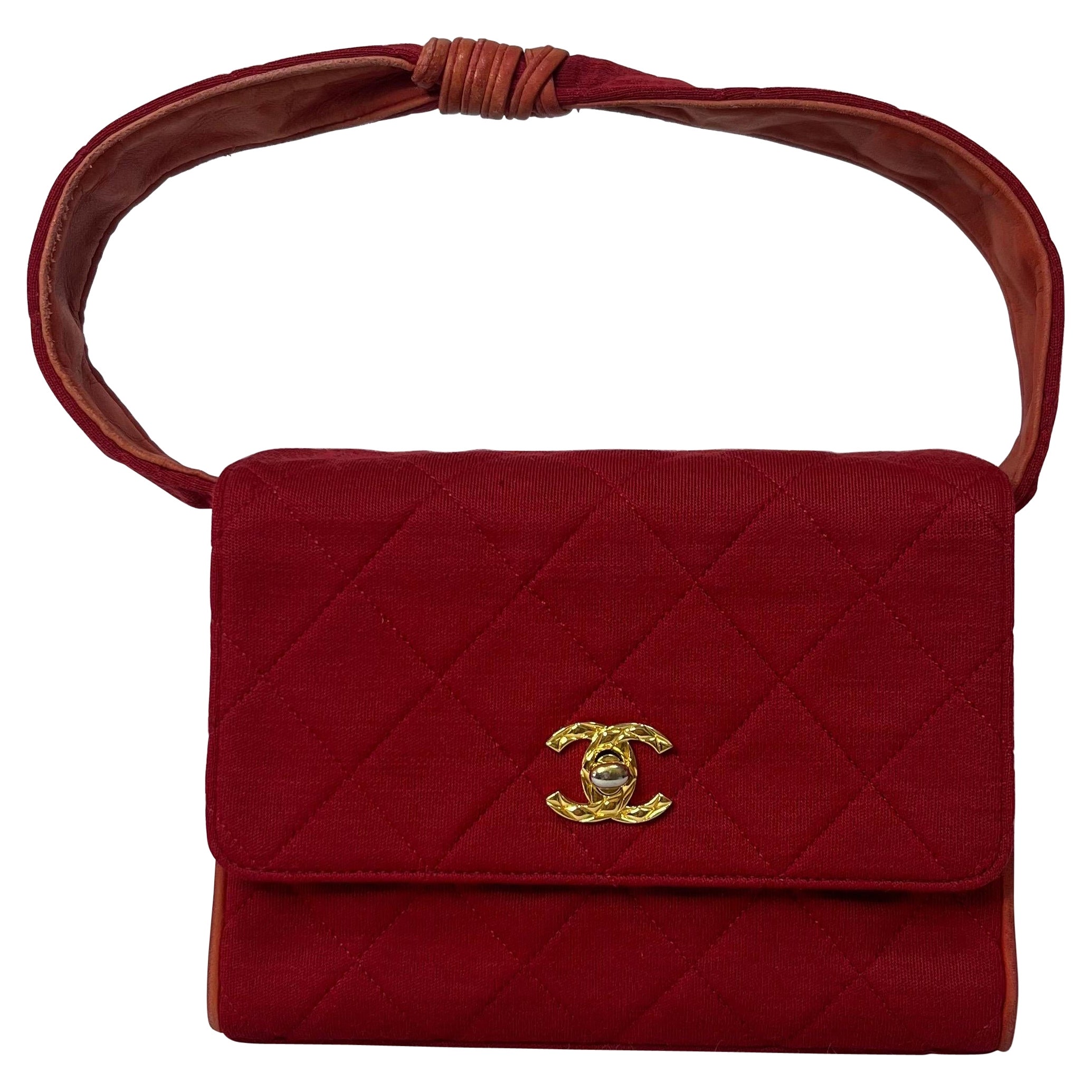 Chanel Mini Top Handle Bag Red Fabric Gold Hardware