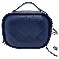 CHANEL Mini Vanity Case with Chain Navy Blue Quilted Caviar Gold Hardware Auth