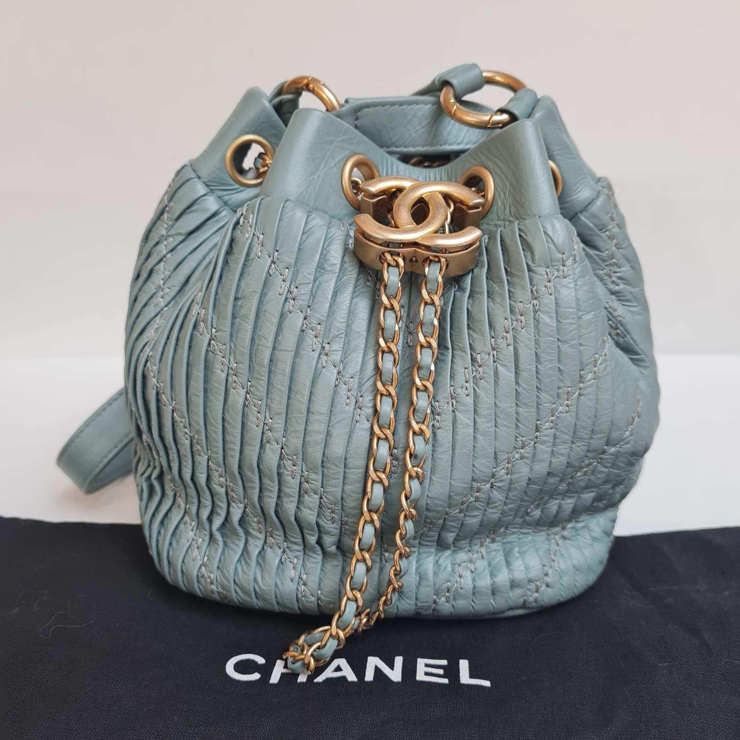 Chanel Mint Blue Mini Coco Pleats Drawstring Bucket Bag 6
