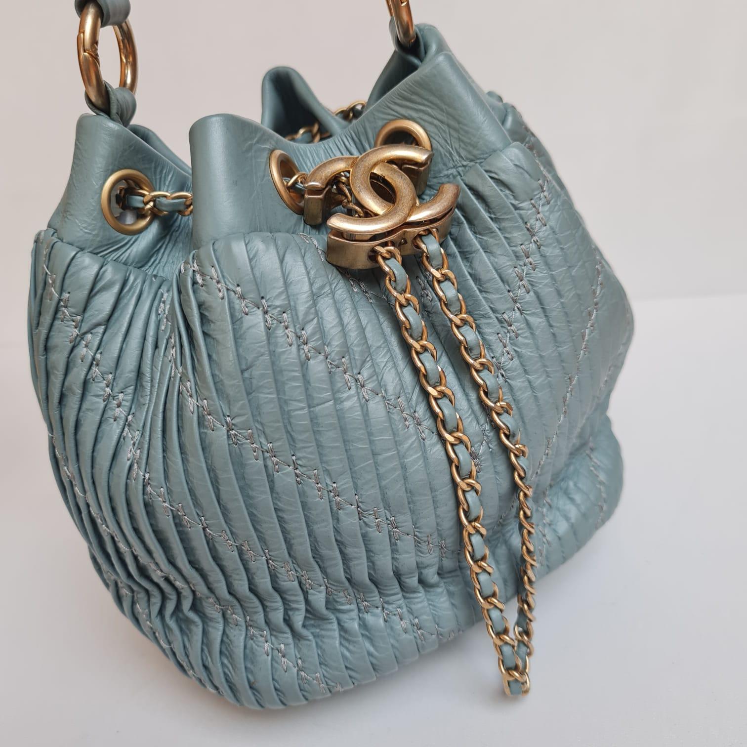 Chanel Mint Blue Mini Coco Pleats Drawstring Bucket Bag 10