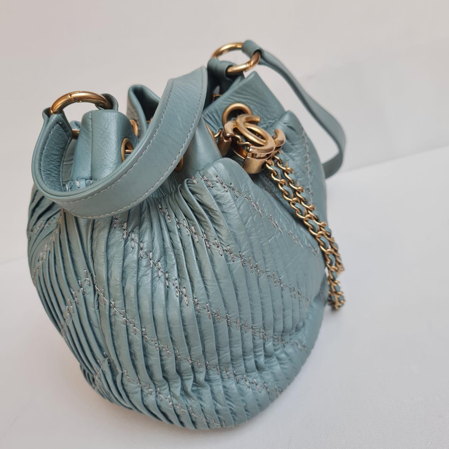 Chanel Mint Blue Mini Coco Pleats Drawstring Bucket Bag 12