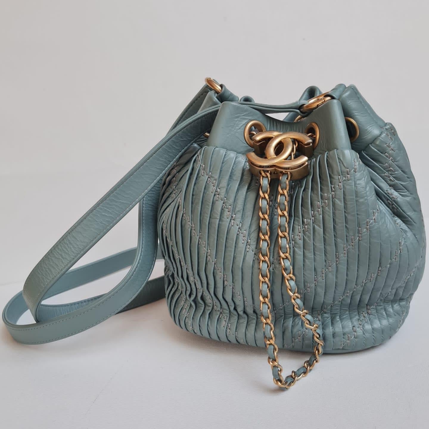 Chanel Mint Blue Mini Coco Pleats Drawstring Bucket Bag 13