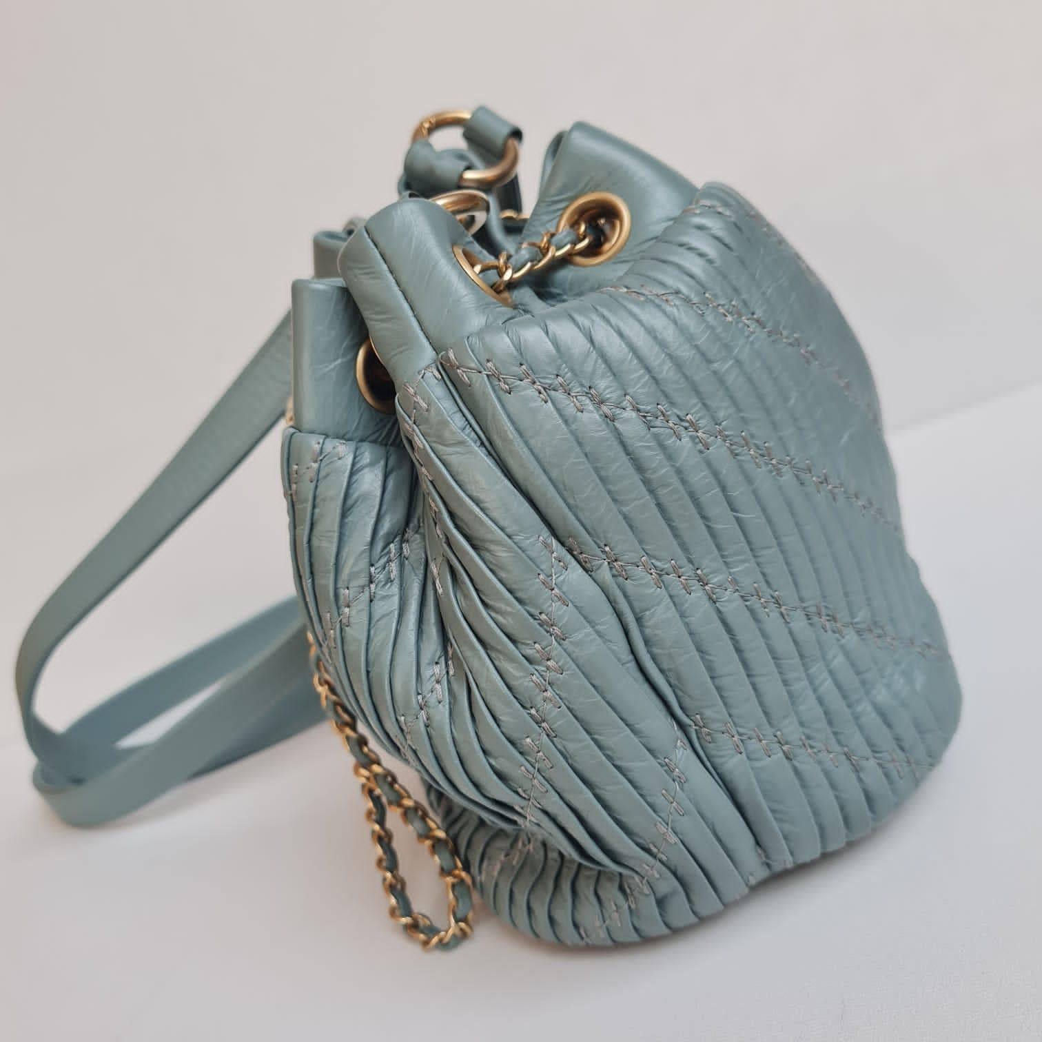 Chanel Mint Blue Mini Coco Pleats Drawstring Bucket Bag 14