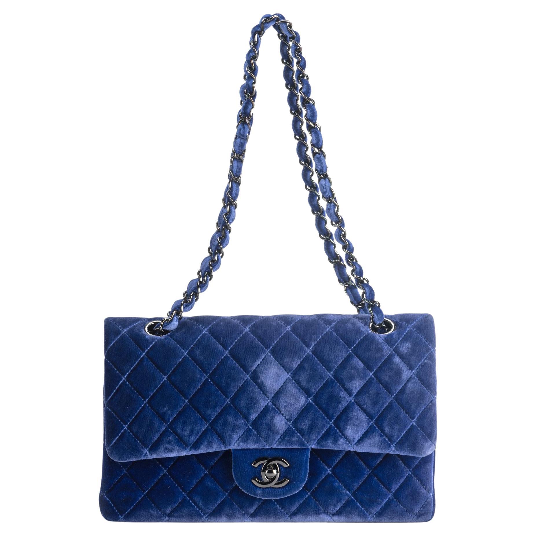 Chanel Mint Blue Velvet Double Flap Bag For Sale