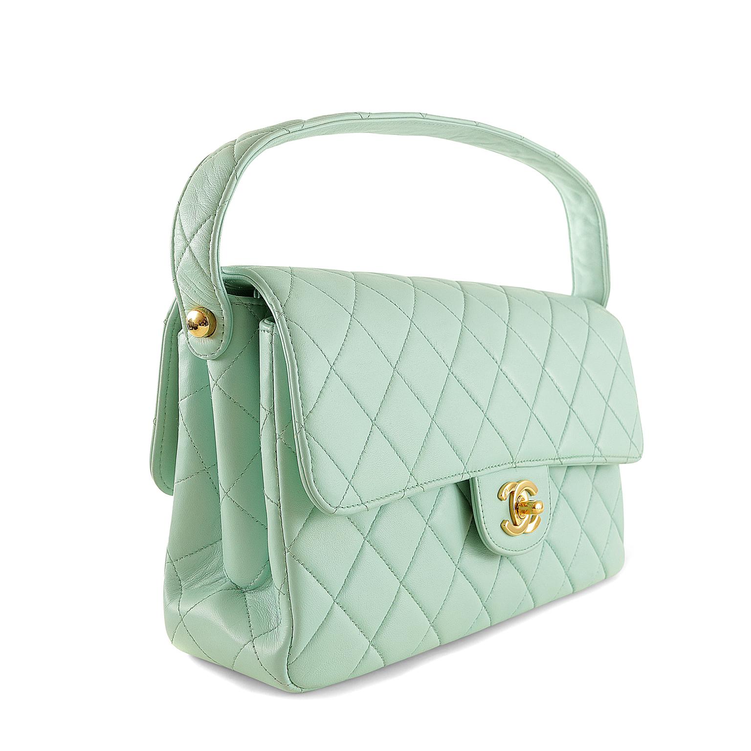 Chanel Mint Leather Double Sided Classic Bag- excellent plus condition
From the mid 1990’s, this piece is very rare due to its unique color and double-sided nature.  
Pastel mint green leather is quilted in signature Chanel diamond pattern. Each