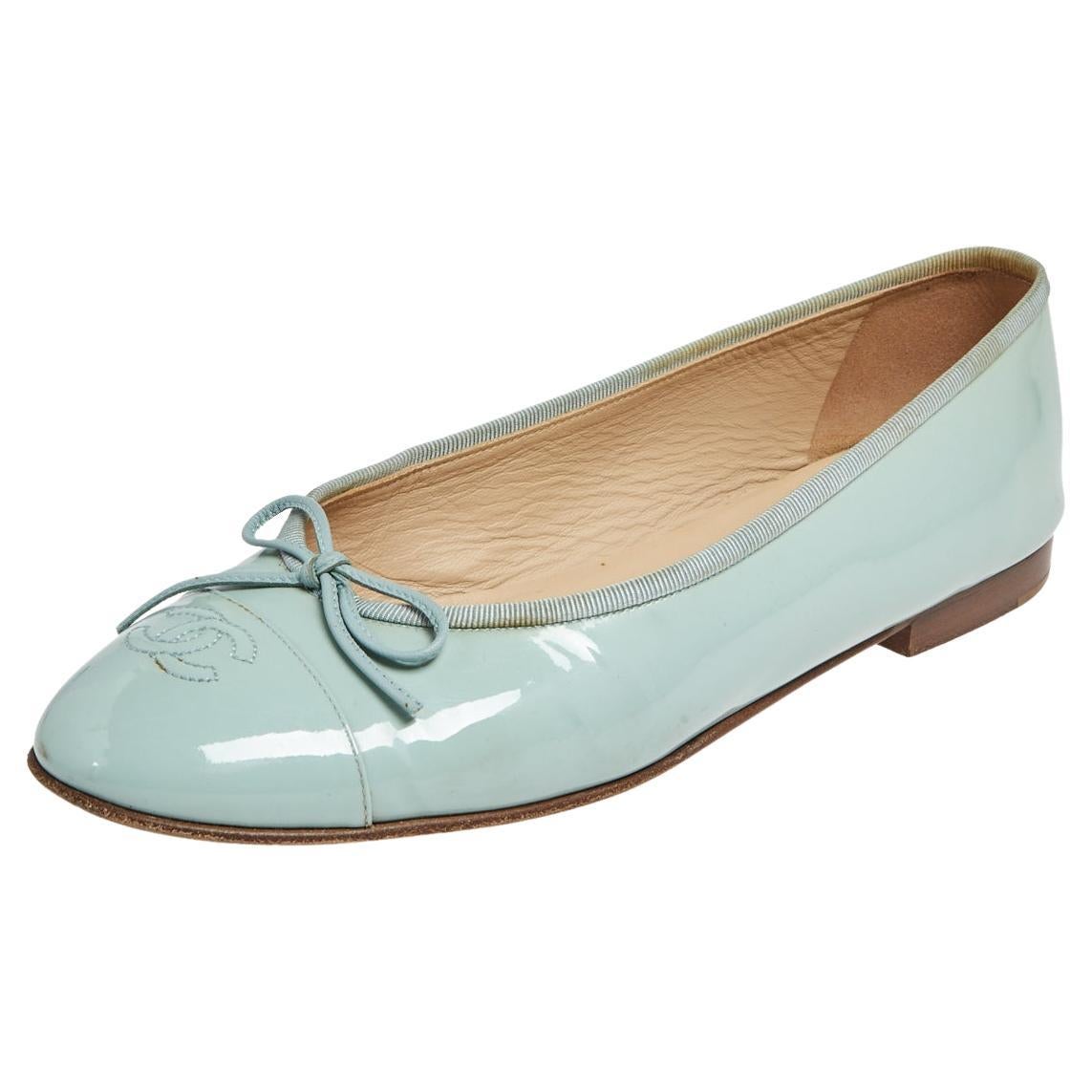 Chanel Mint Green Patent Leather Bow CC Cap Toe Ballet Flats Size