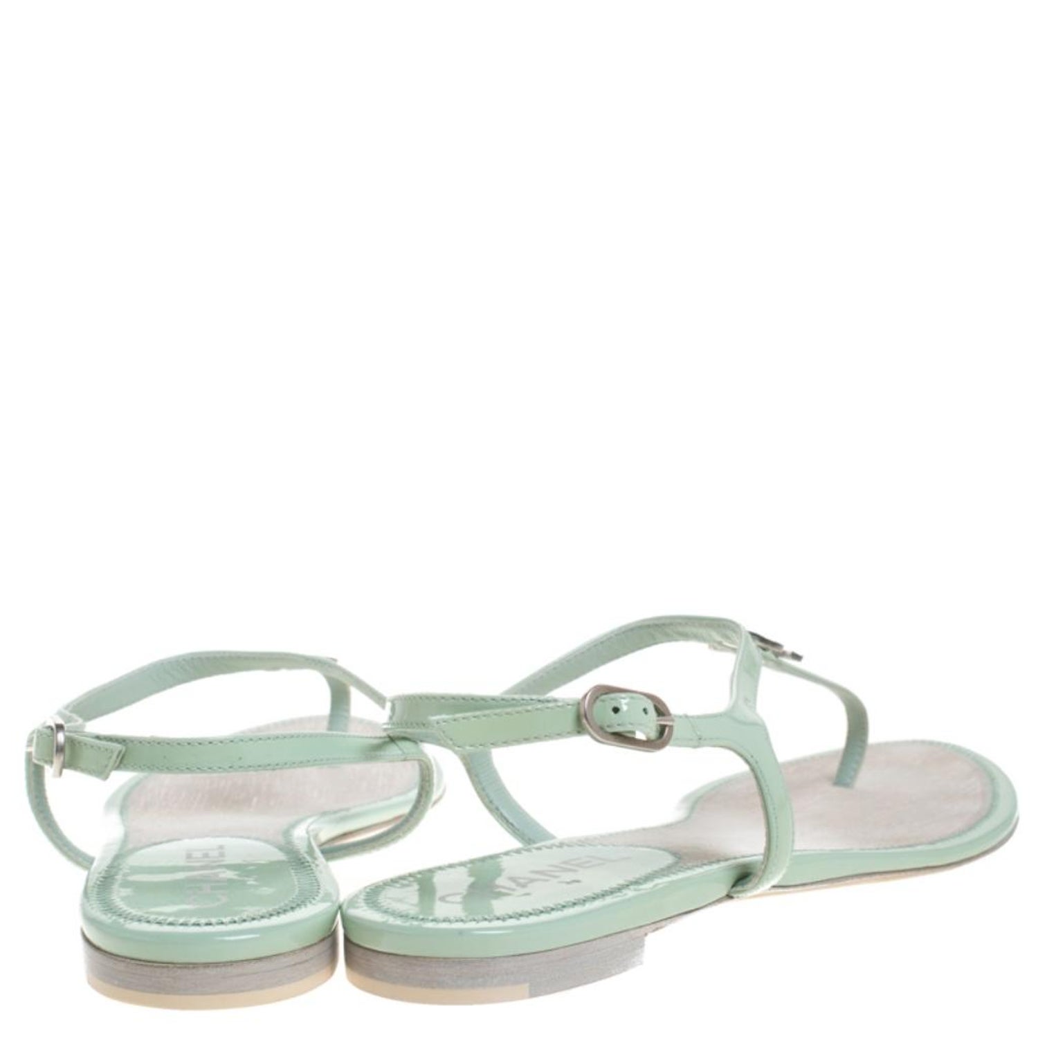 Chanel Mint Green Patent Leather CC Thong Flat Sandals Size  For Sale  at 1stDibs | mint green sandals womens, chanel mint green sandals