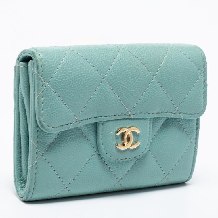 Chanel Mint Green Quilted Caviar Leather Small Classic Flap Wallet