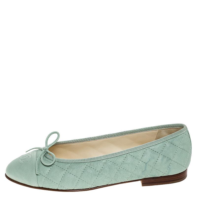 Gray Chanel Mint Green Quilted Leather CC Bow Cap Toe Ballet Flats Size 38.5