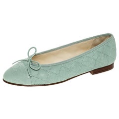 Chanel Mint Green Quilted Leather CC Bow Cap Toe Ballet Flats Size 38.5