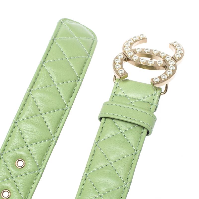 Gray Chanel Mint Green Quilted Leather CC Pearl Belt 85CM