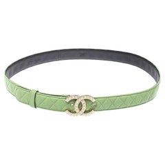 Chanel Mint Green Quilted Leather CC Pearl Belt 85CM