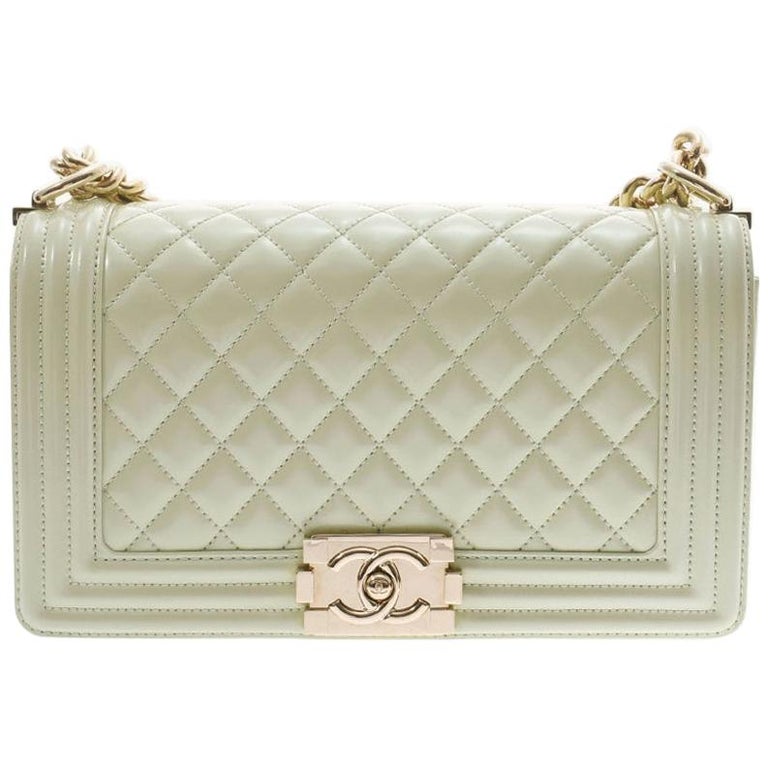 Chanel Beige Quilted Patent Leather New Medium Boy Bag