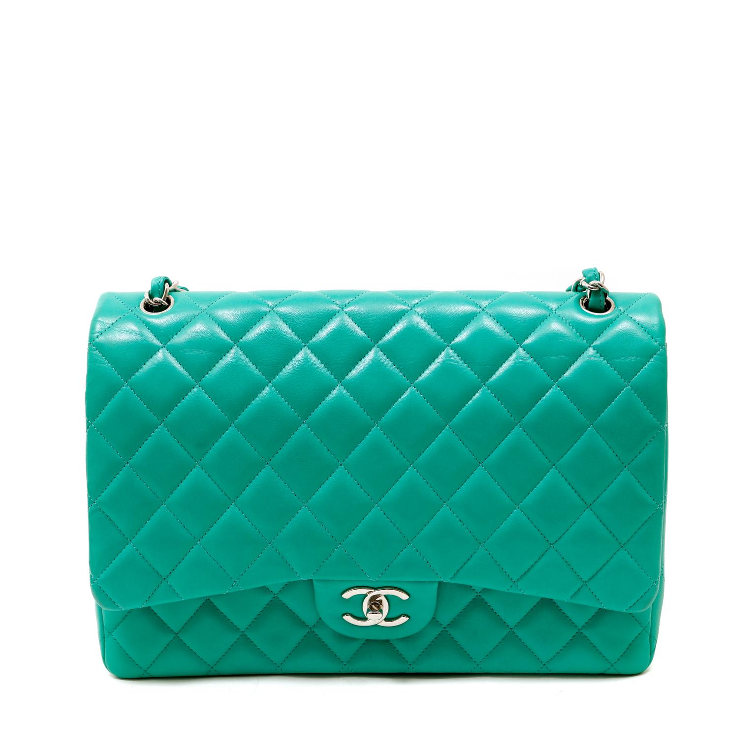 Chanel Mint Lagoon Lambskin Maxi Double Flap Bag In Excellent Condition In Palm Beach, FL