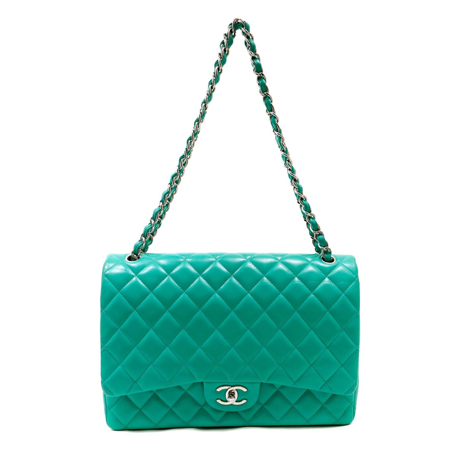 Women's Chanel Mint Lagoon Lambskin Maxi Double Flap Bag