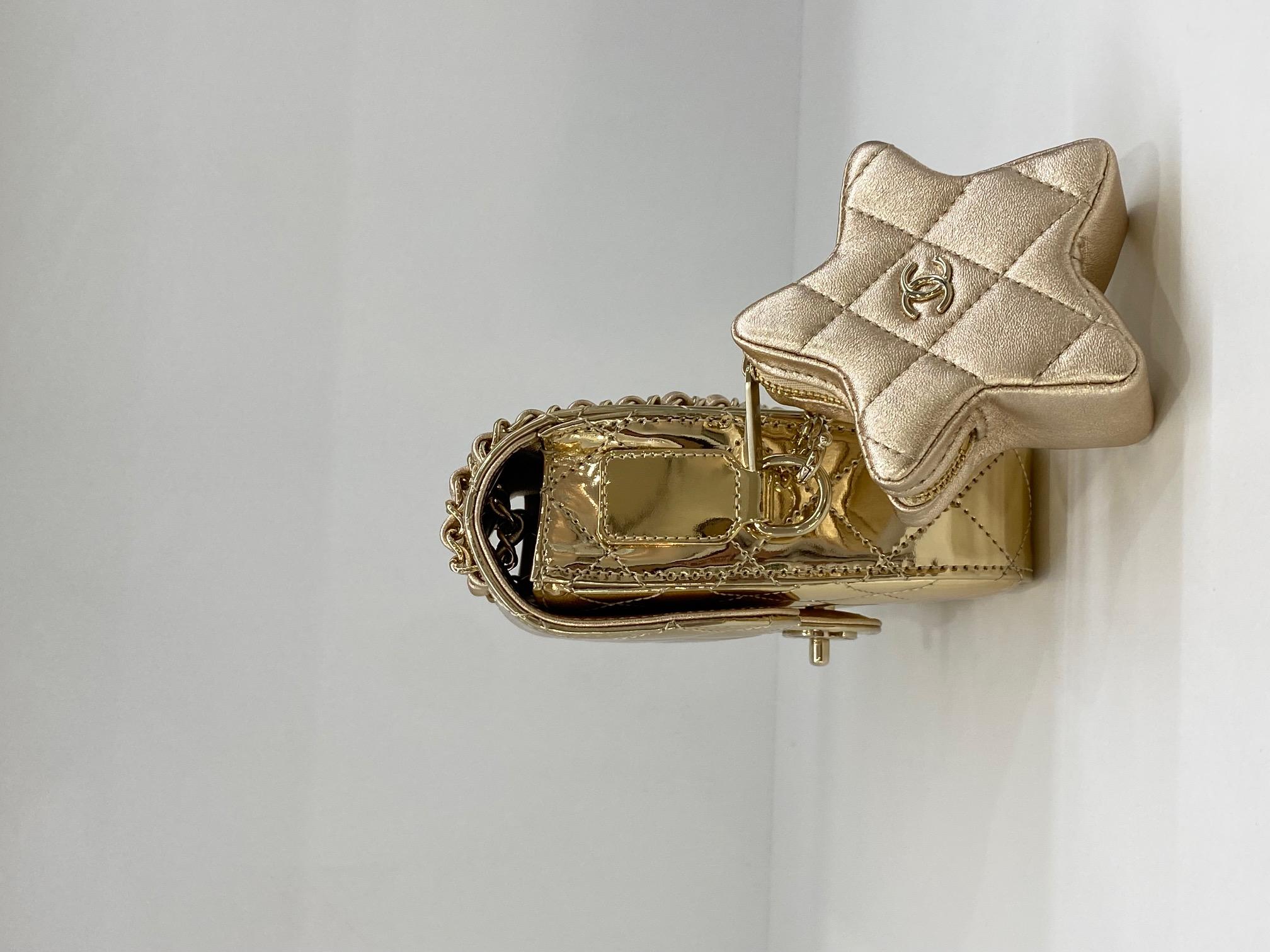 Brown Chanel Mirror Mini Classic Flap with Star Coin Purse - Gold For Sale