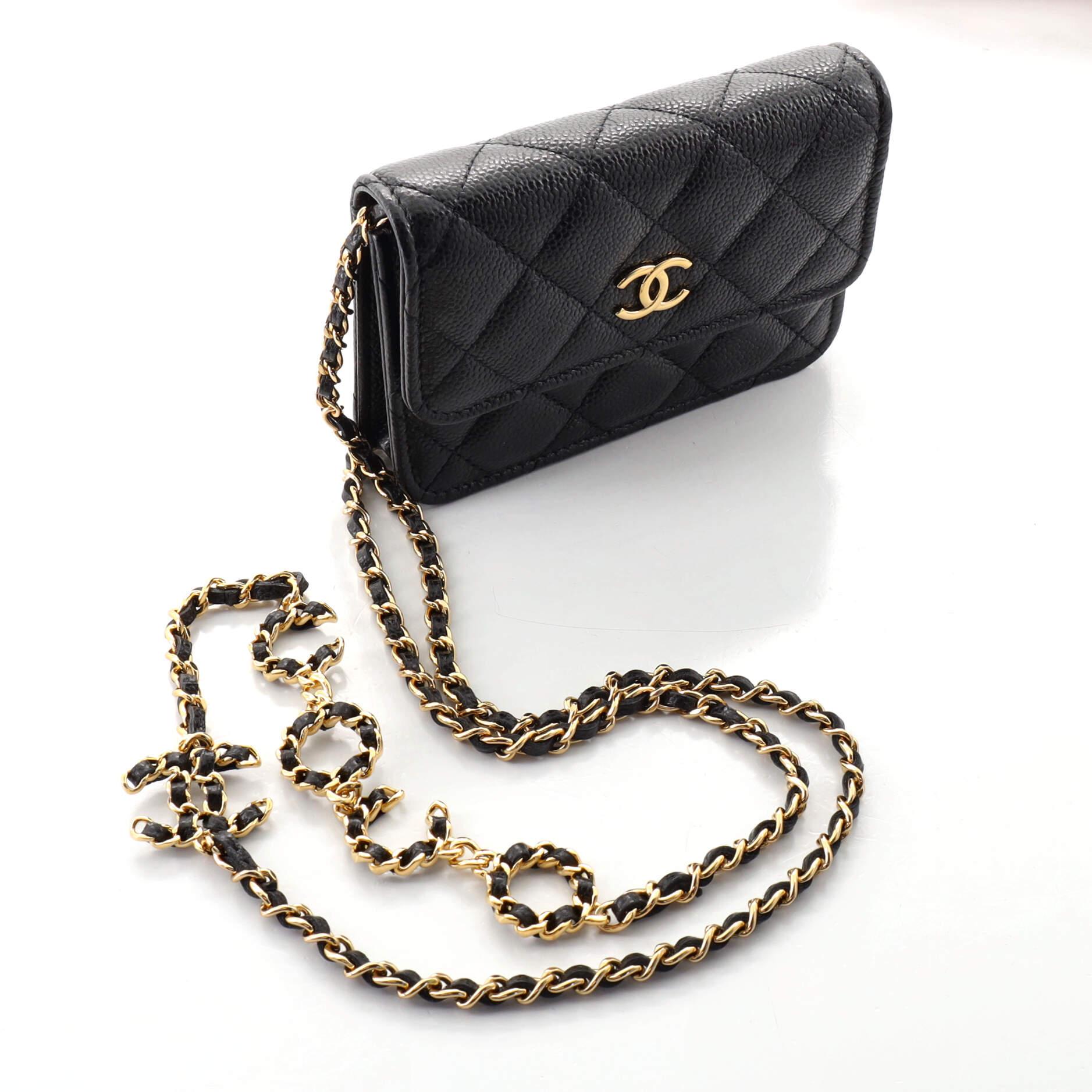 Black Chanel Miss Coco Strap Flap Clutch with Chain Quilted Caviar Mini