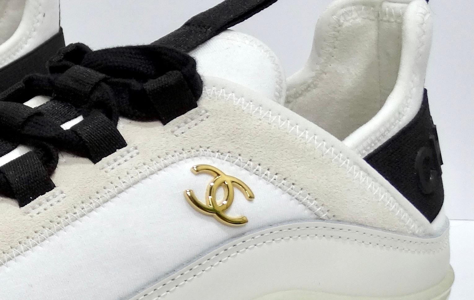 Sneakers but make it CHANEL! Sneakers aren't just for casual wear anymore. Pair with an outfit for errands or for carpool or dress them up with a mini dress for when you want to be comfortable. These sneaker feature mixed fibers like velvet,