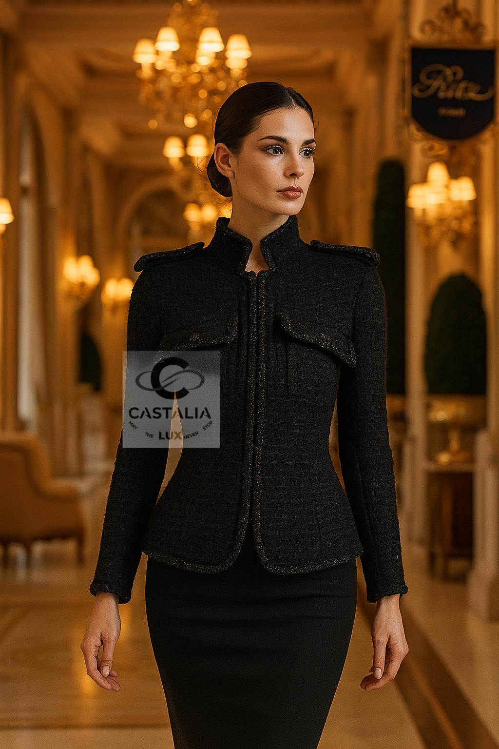 ~ Cette veste iconique en tweed noir chatoyant de Chanel - portée autrefois par Kate Moss - 
n'est pas seulement un vêtement, mais une force 
- Un artefact de posture et de puissance intérieure, tissé de la substance de la nuit et bordé de