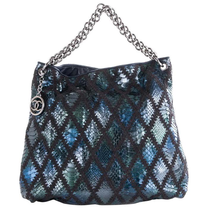 Chanel Modern Thick Chunky Chain Exotic Python Metallic Blue Hobo ...