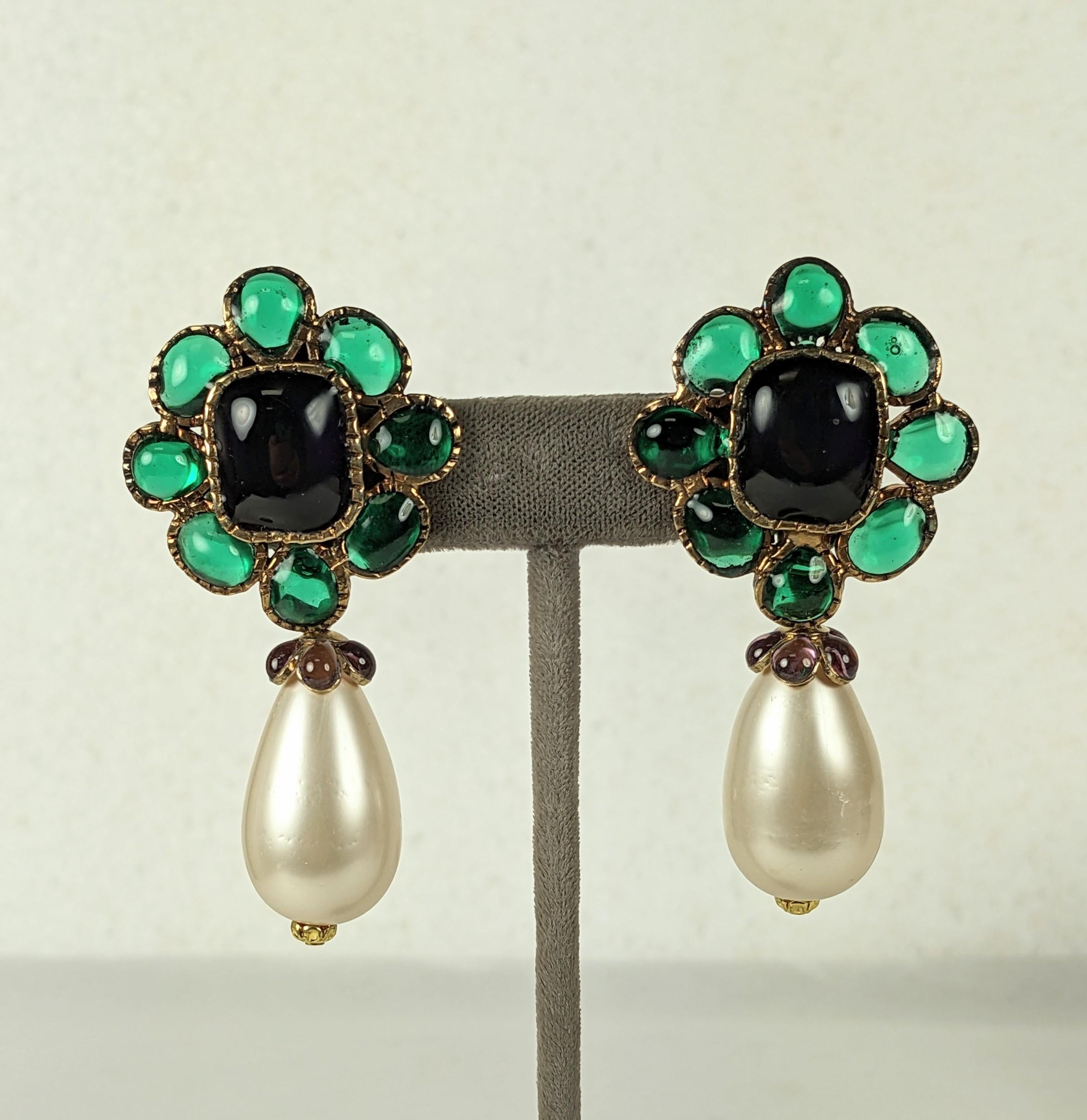 Lovely Chanel Moghul Pearl Drop Earrings from the 1980's by Maison Gripoix. Poured glass construction in amythest and emerald with large faux pearl drops, each with a poured glass amythest cap. Made in the hand poured glass process no longer used by