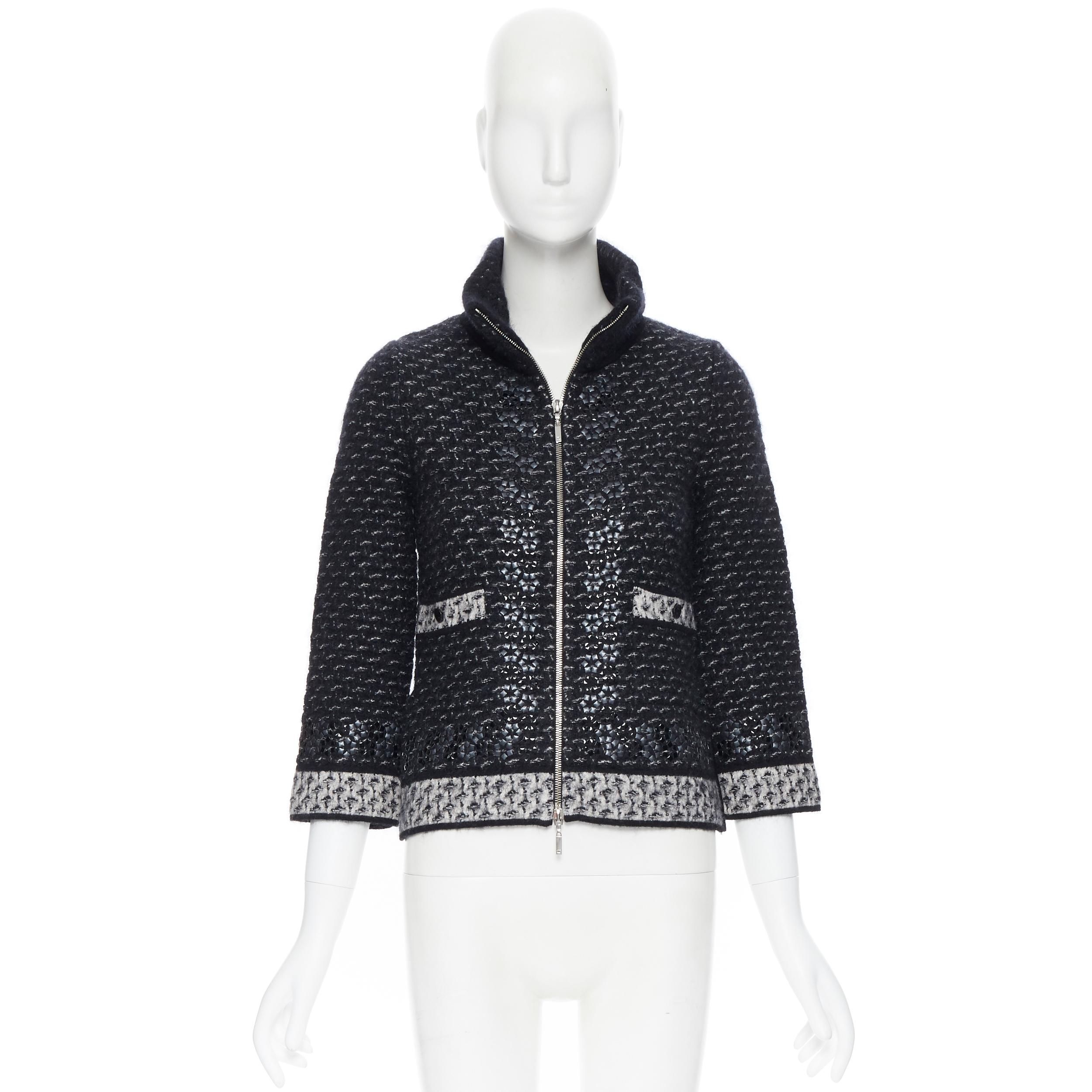 Black CHANEL mohair wool boucle aluminium embellished CC button zip jacket FR34 XS