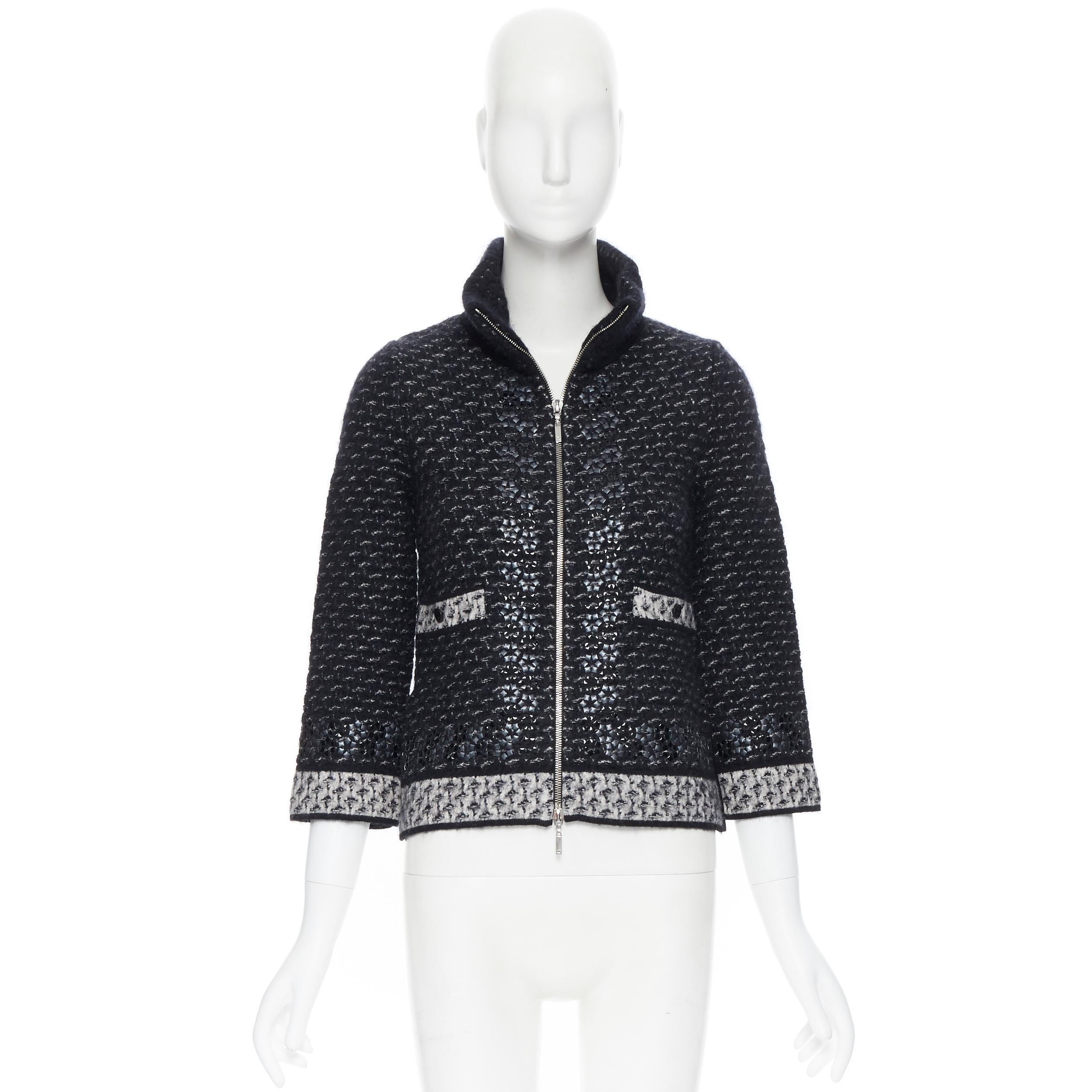 CHANEL chaqueta de lana de mohair boucle aluminio adornada CC botón cremallera FR34 XS Negro