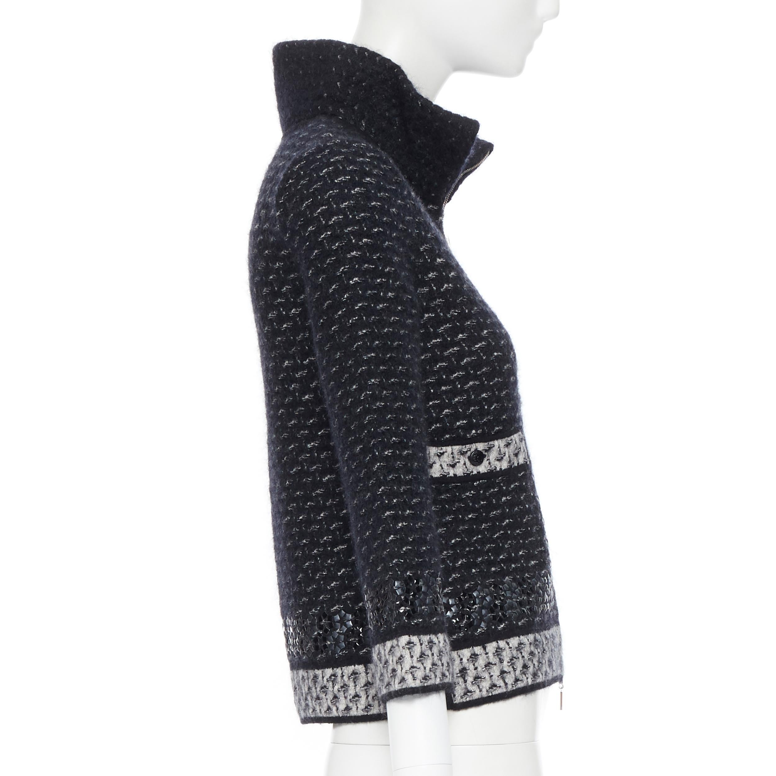 De las mujeres CHANEL chaqueta de lana de mohair boucle aluminio adornada CC botón cremallera FR34 XS