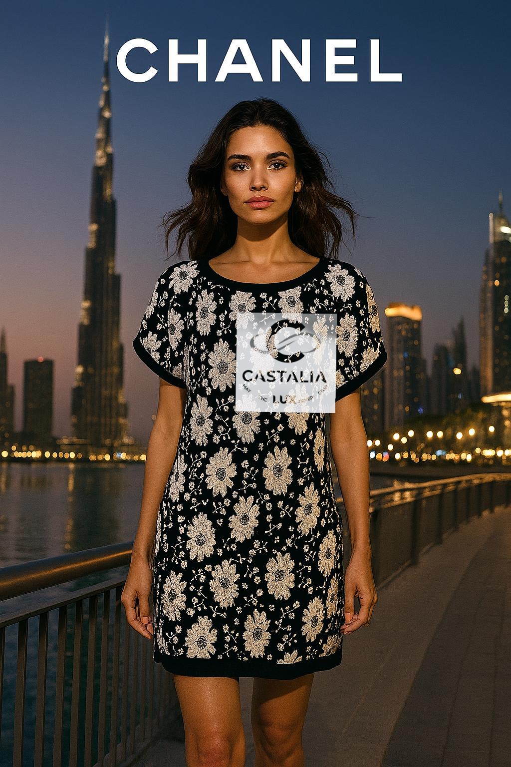 CHANEL Monochromes Kamelienkleid mit CC-Logo - Paris / Singapur Cruise Collection by Karl Lagerfeldu2028~ A Monochrome Oracle of Floraison and Form ~

~ Dieses seltene Chanel-Kleid ist eine poetische Ode an die Dualität - Unschuld und Rätsel, Blüte