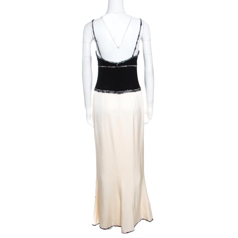 Beige Chanel Monochrome Colorblock Tweed Trim Sleeveless Maxi Dress M