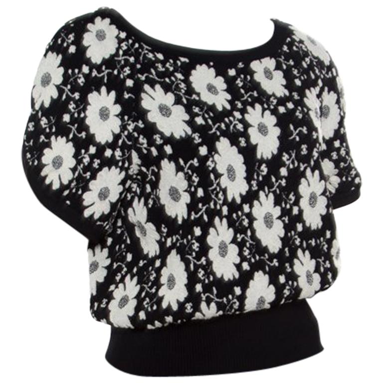 Chanel Monochrome Floral Jacquard Knit Ribbed Trim Short Sleeve Top M