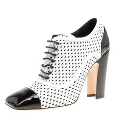Chanel Monochrome Perforated Leather Lace Up Ankle Booties Size 39.5
