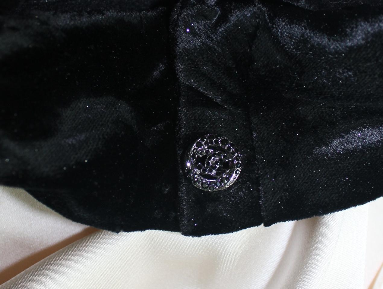 Black Breathtaking CHANEL Silk Velvet Evening Dress Gown with Camellia Brooch