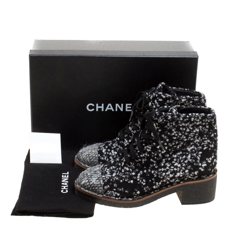  Chanel Monochrome Tweed Fabric Fantasy Lace Up Ankle Boots Size 36 1