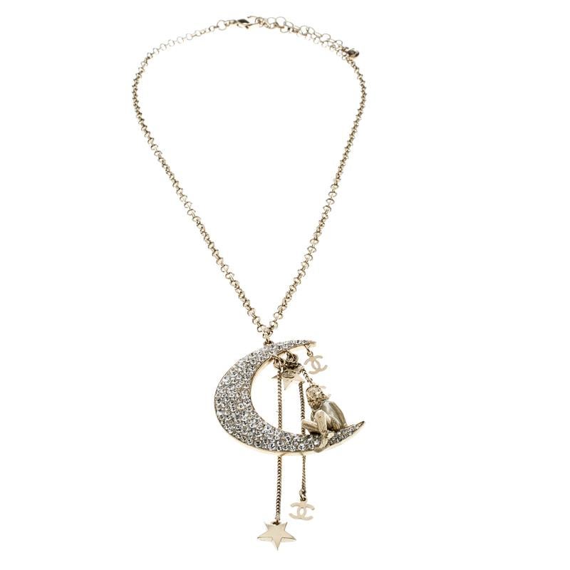 Contemporary Chanel Moon Crystal Gold Tone Tassel Pendant Necklace