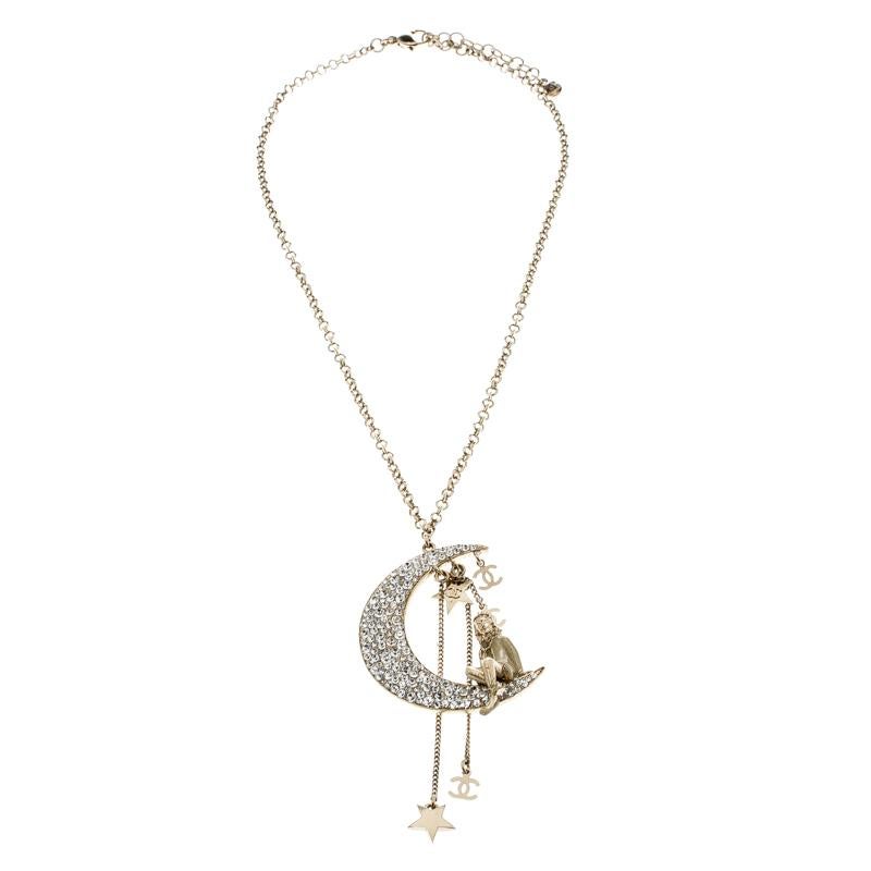 Contemporary Chanel Moon Crystal Gold Tone Tassel Pendant Necklace