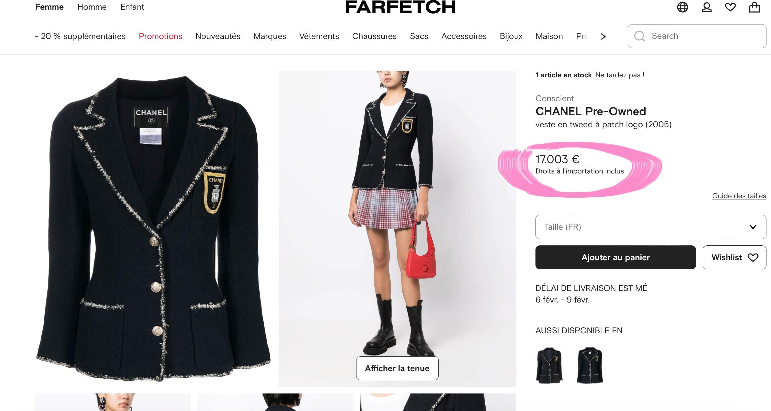 La plus recherchée des vestes Chanel en tweed noir avec le CC Logo Patch -- vue dans le film Le Diable s'habille en Prada !
- Prix sur farfetch de plus de 17 000 € pour un objet d'occasion
- de la Collectional 2005, 05C
- Boutons argentés avec logo