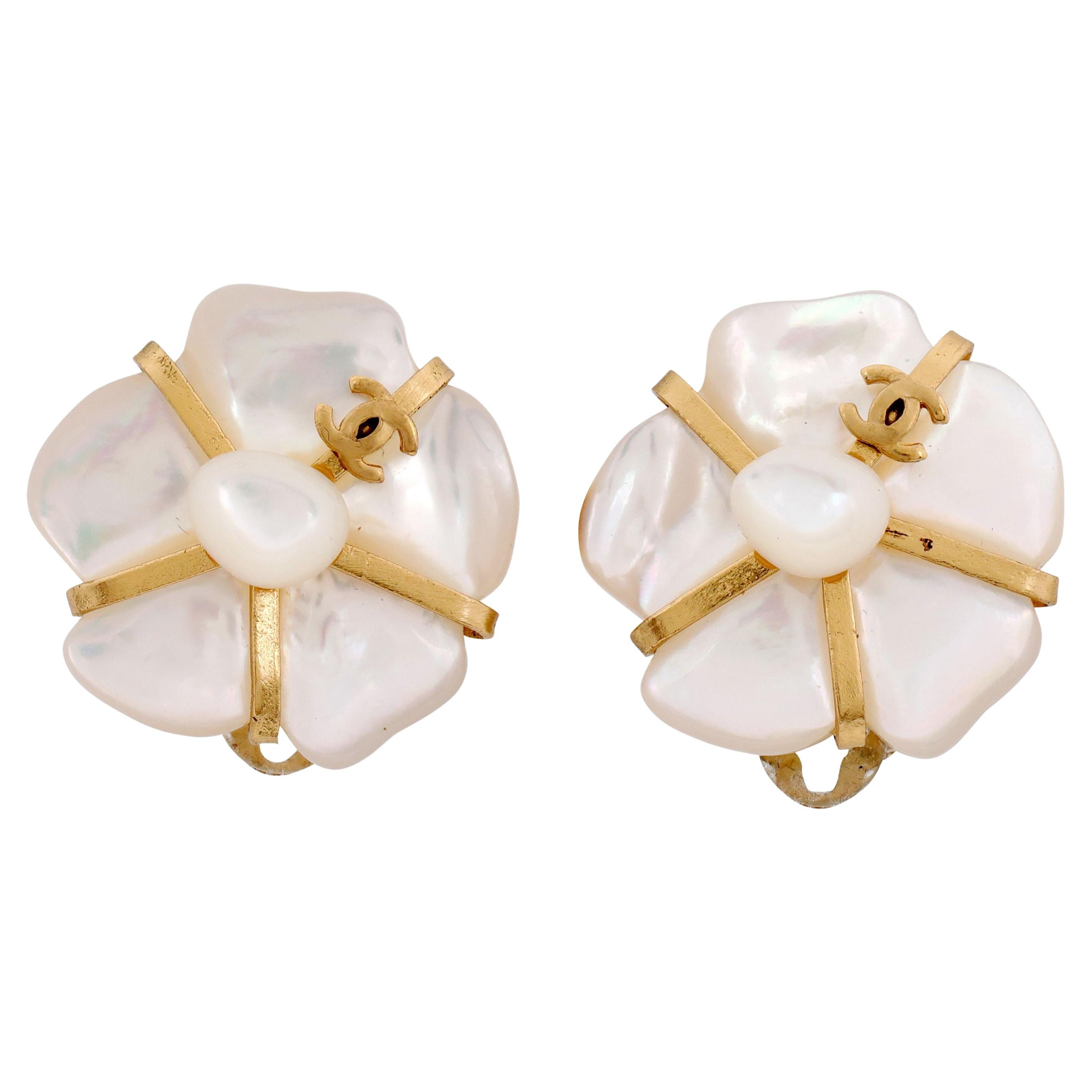 Chanel Mother of Pearl Camellia Earrings Fine Jewelry For Sale