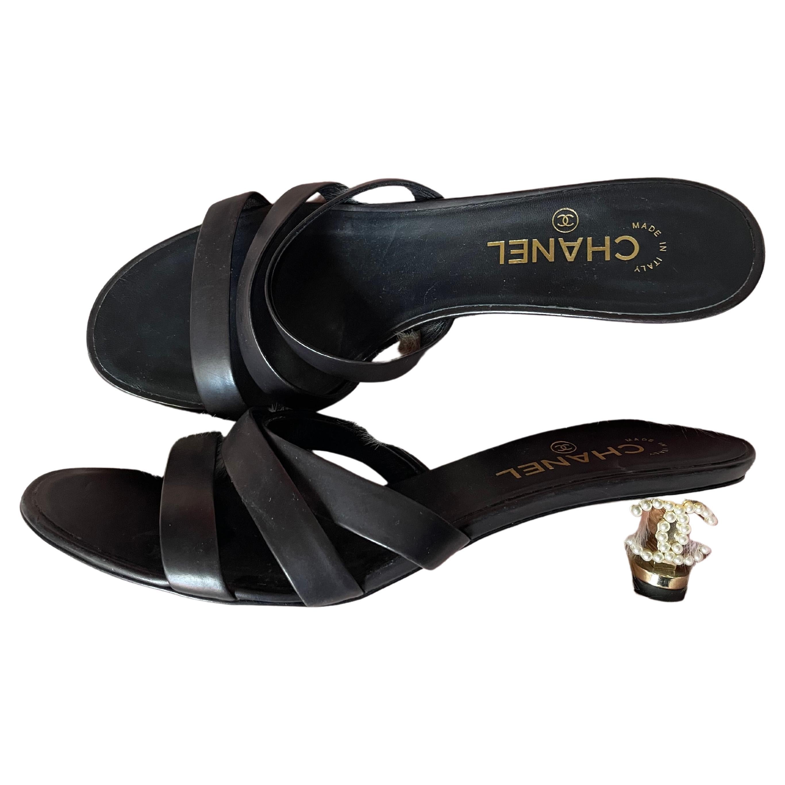 Chanel Black Lambskin Leather With Silver Chain Mules Slides 37