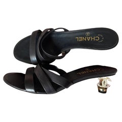 Retro Chanel Mules Black Leather with CC Logo Pearls and Golden 90s