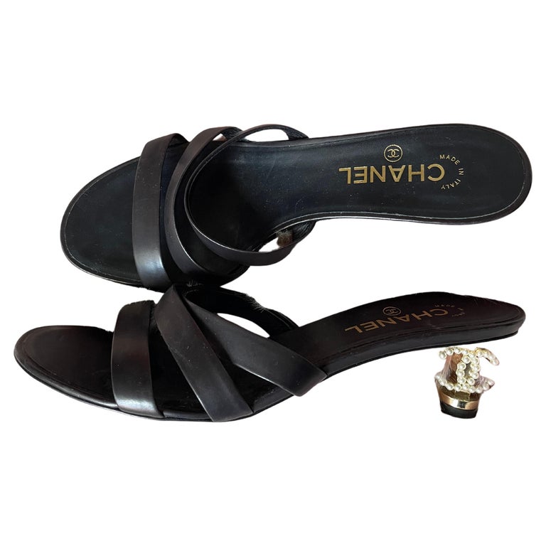 Chanel Mules Black Leather with CC Logo Pearls and Golden 90s at 1stDibs