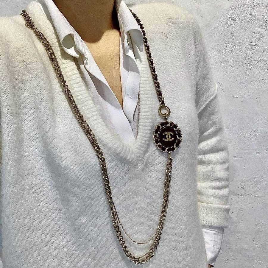 Chanel Multi-Chain And Leather Long Necklace CC Logo For Sale 3