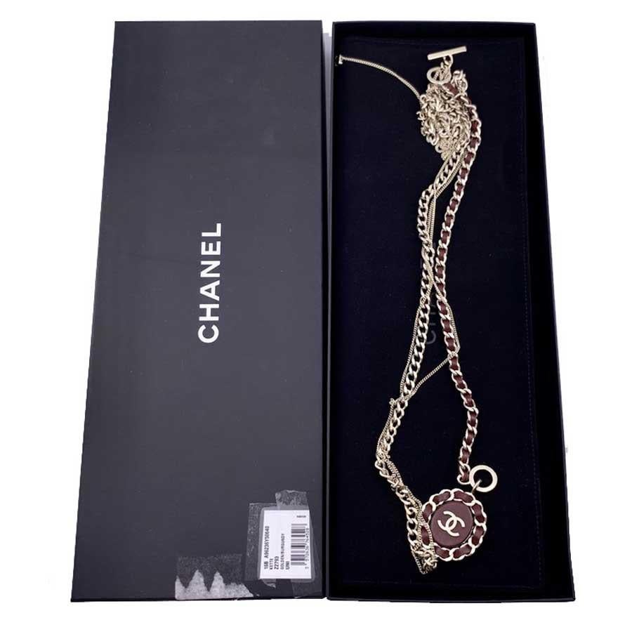 Chanel Multi-Chain And Leather Long Necklace CC Logo For Sale 1