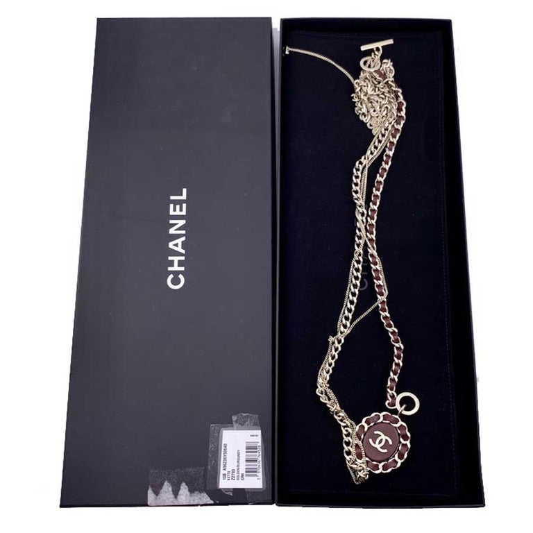 Chanel Multi-Chain And Leather Long Necklace CC Logo For Sale at