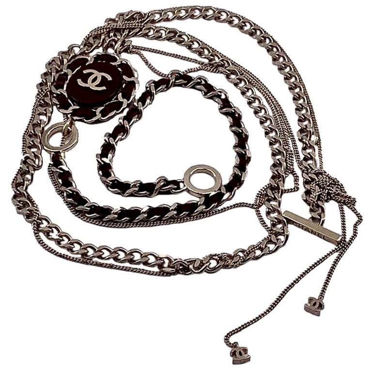 Chanel Multi-Chain And Leather Long Necklace CC Logo For Sale at 1stDibs   chanel multi chain necklace, crg stamp on gold, chanel leather necklace
