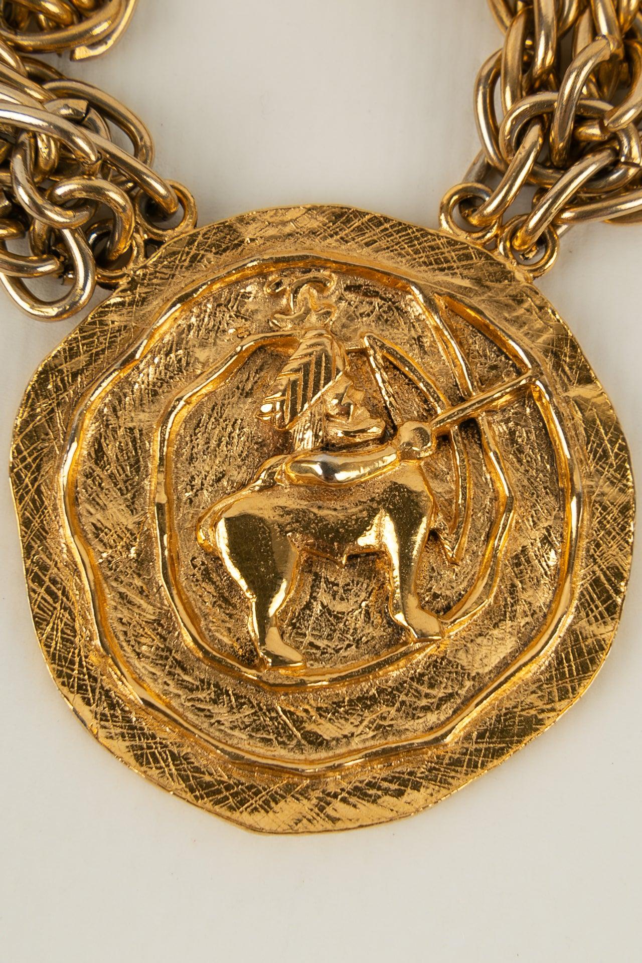 Chanel Multi Chain Necklace in Gold Metal and Engraved Medallion For Sale 1
