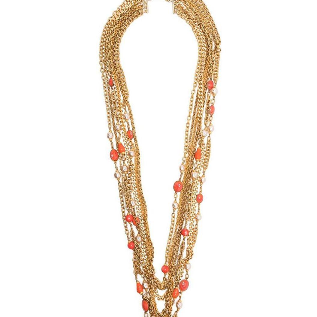 Chanel multi chain necklace with coral beads  In Excellent Condition In London, GB